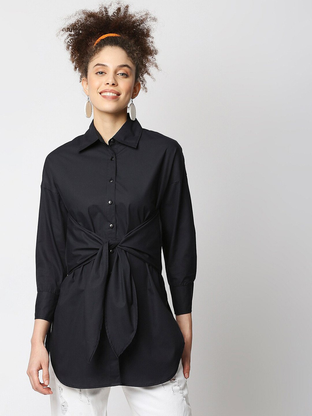 Remanika Comfort Drop Shoulder Sleeves Waist Tie-Ups Pure Cotton Casual Shirt