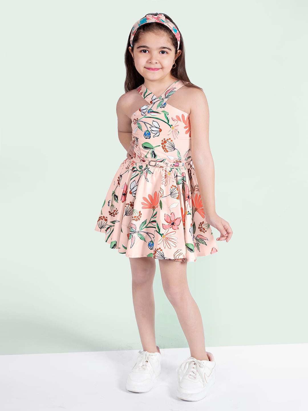 Naughty Ninos Girls Halter Neck Floral Crepe Fit & Flare Dress