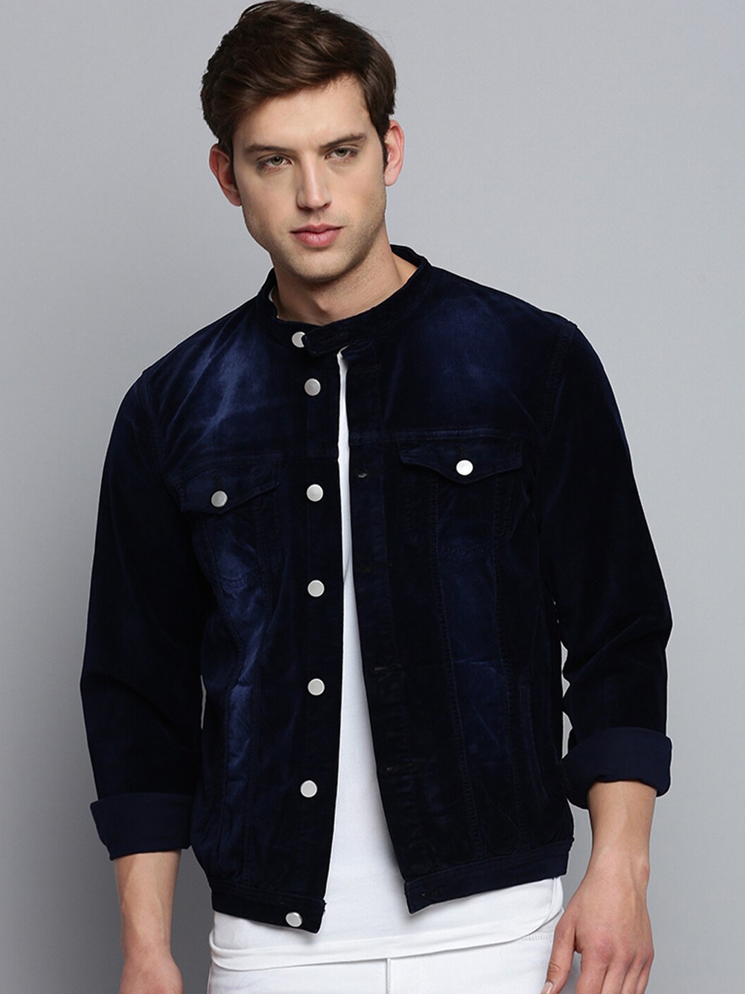 Mandarin collar denim jacket discount
