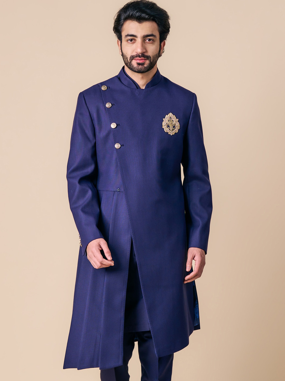 Tasva Men Indo-Western Embroidered Mandarin Collar Angrakha Style Sherwani