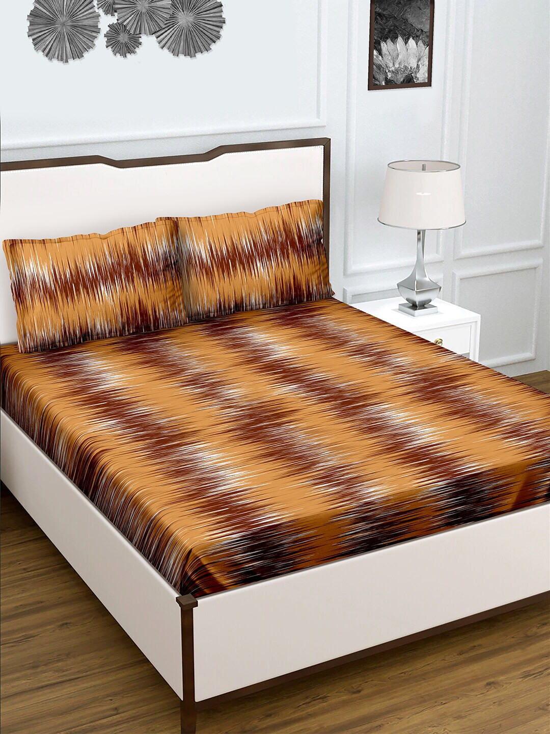 BELLA CASA Radiant Collection Brown Abstract Pure Cotton Light Weight 150 TC King Bedsheet with 2 Pillow Covers-87 x 91 inches