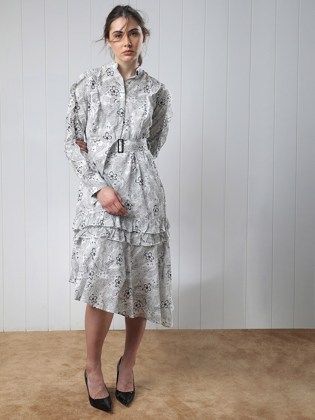 RAREISM Floral Midi Belted Shirt Dress