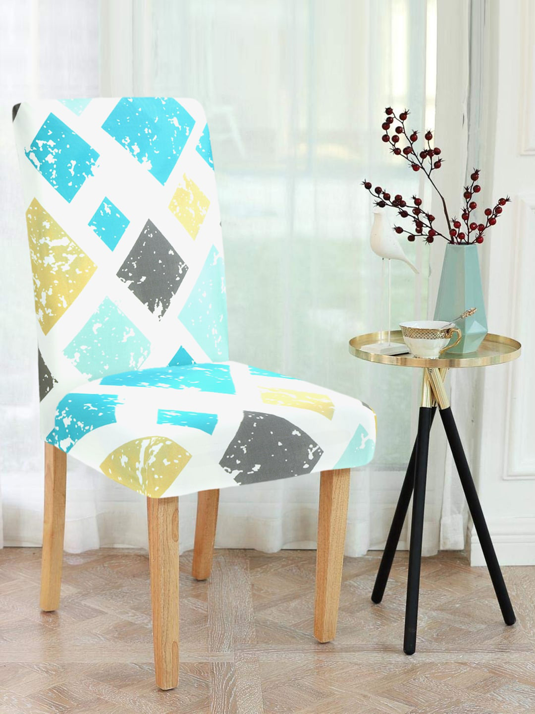 Cortina White & Turquoise Blue Printed Super Stretchable Chair Covers