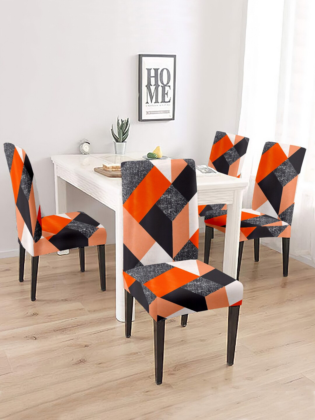 Cortina Orange & Back  4 Pieces Printed Super Stretchable Chair Covers