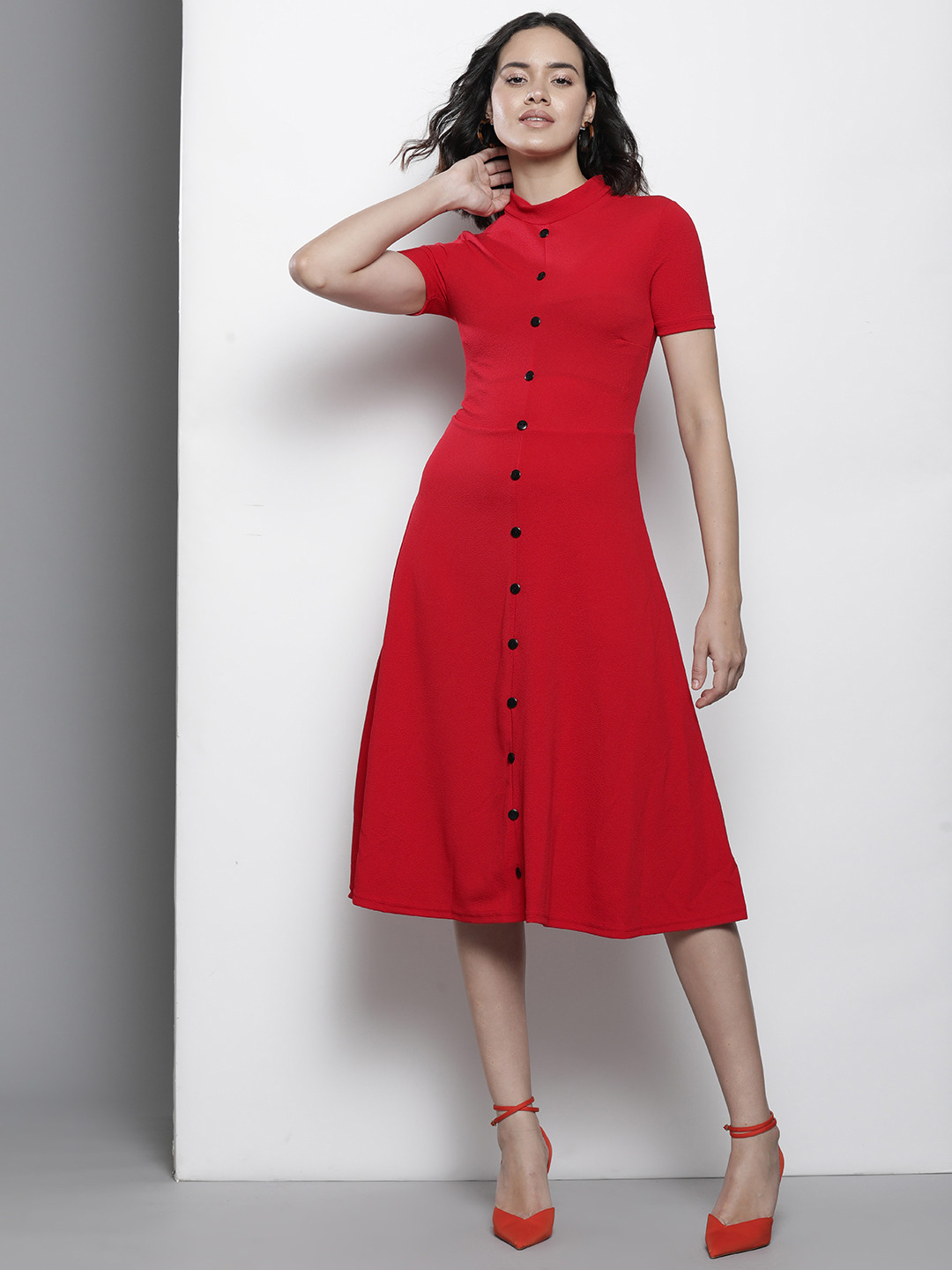 Boohoo Button Detail A-Line Textured Midi Dress