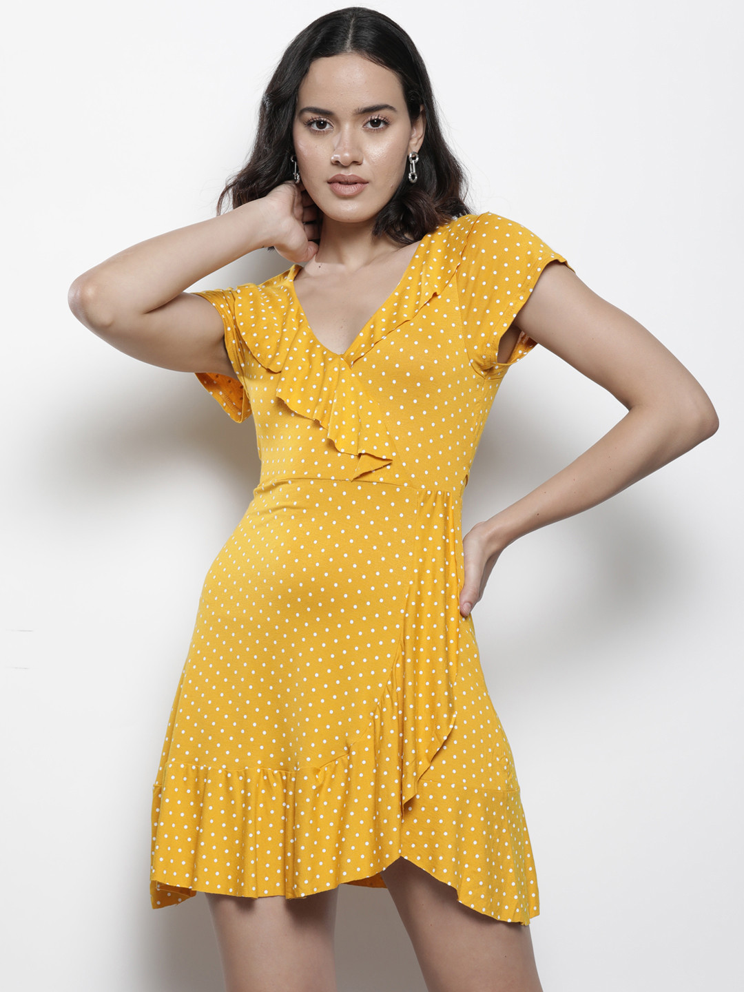 Boohoo Dot Print Ruffles Detail A-Line Mini Dress