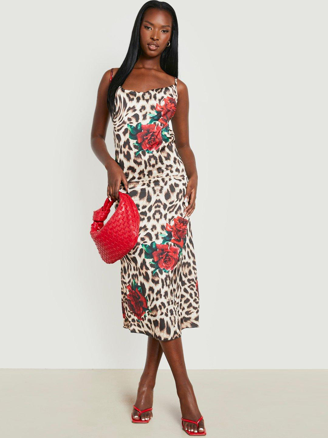 Boohoo Animal Print Cowl Neck Midi Slip Dress
