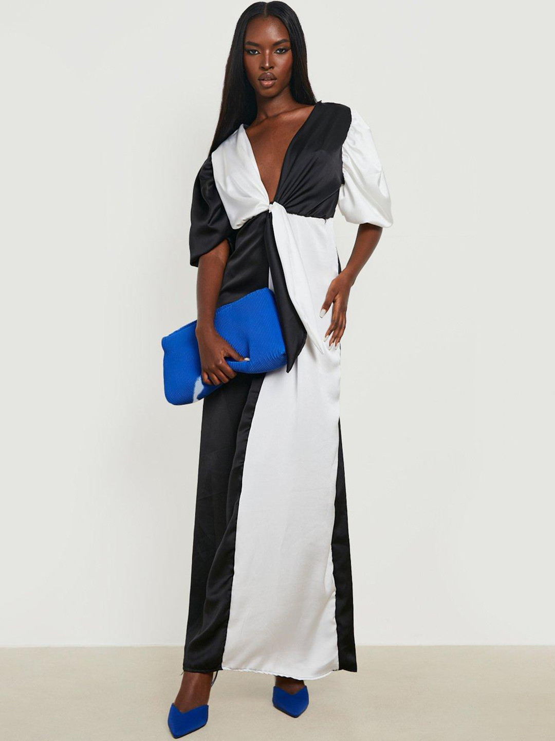Boohoo Colourblocked V-Neck Knot Detail Maxi Dress