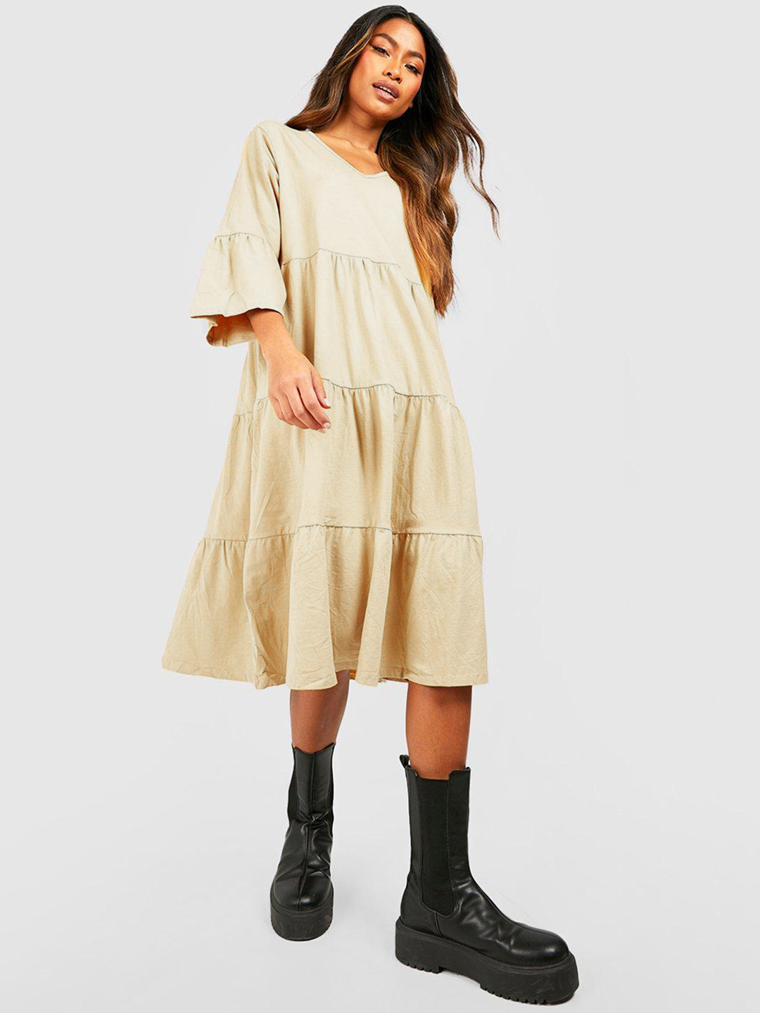 Boohoo Tiered Flounce A-Line Midi Dress