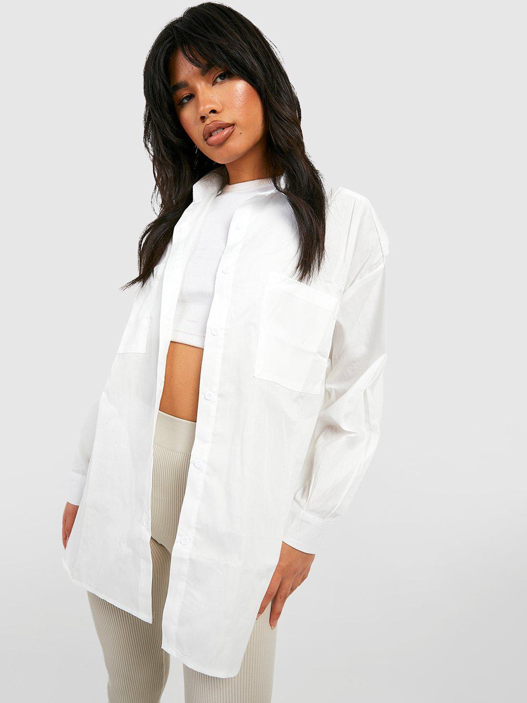 Boohoo Oversized Pocket Detail Cotton Poplin Casual Shirt