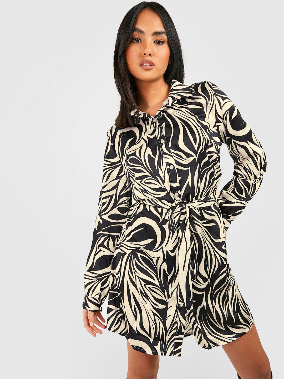 Boohoo Abstract Printed Shirt Mini Dress with Belt