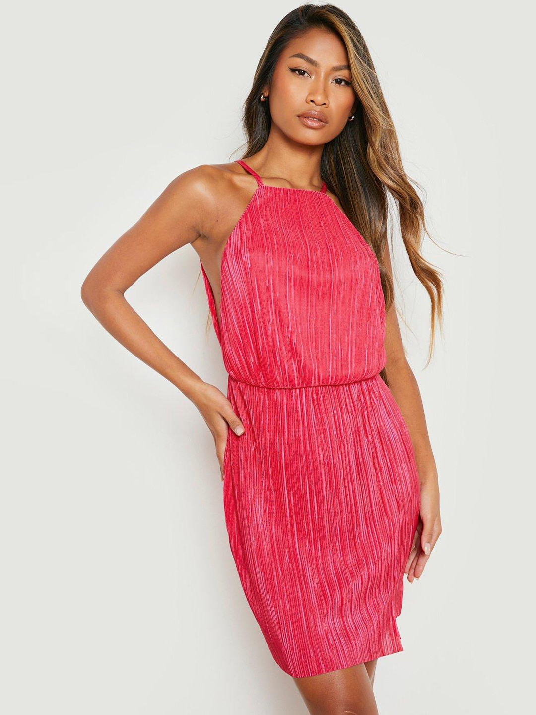 Boohoo Pleated Halter Neck Sheath Dress