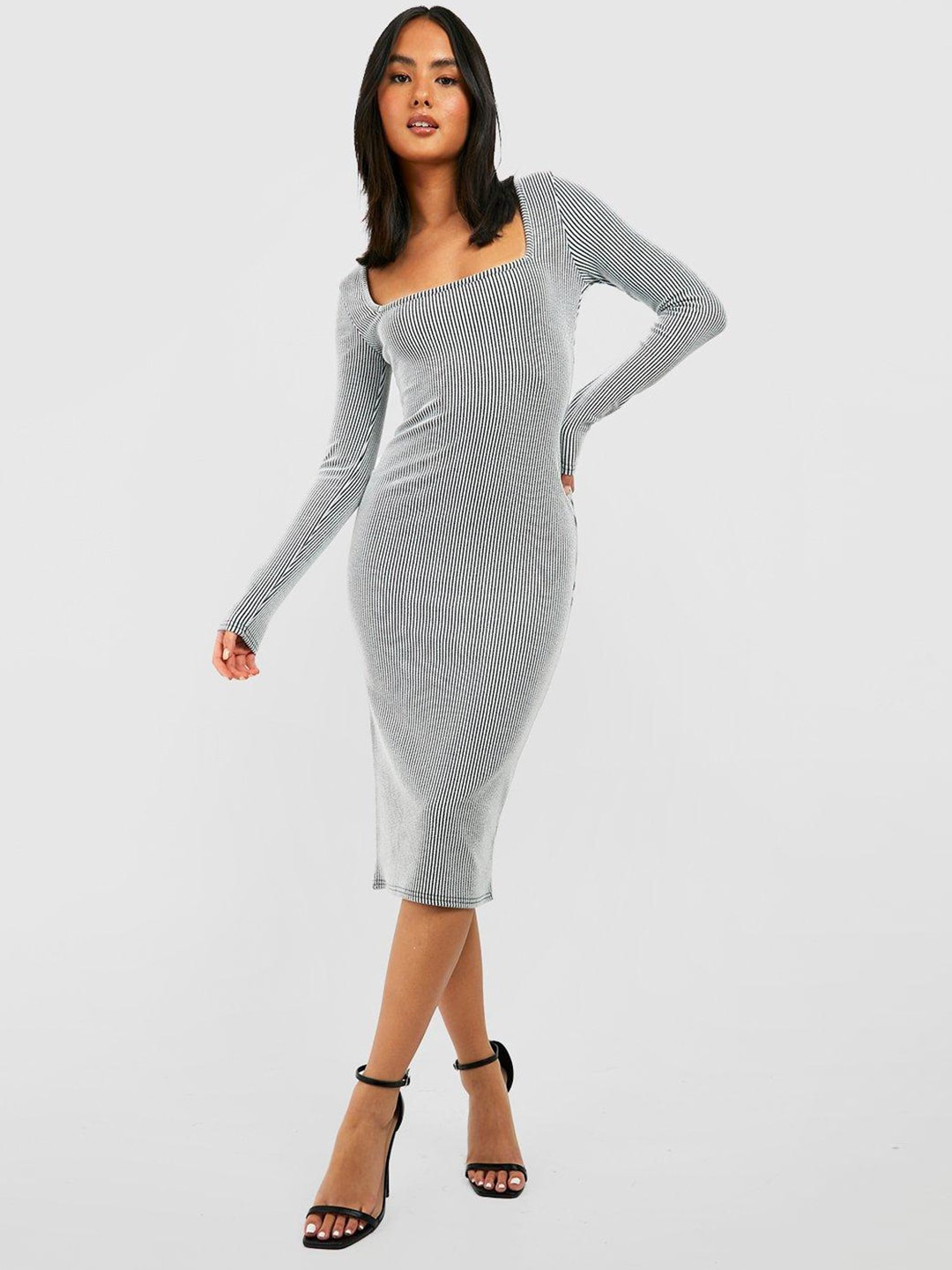 Boohoo Striped Square Neck Bodycon Midi Dress