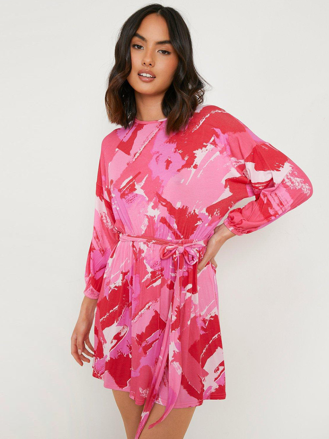 Boohoo Printed Belted A-Line Mini Dress