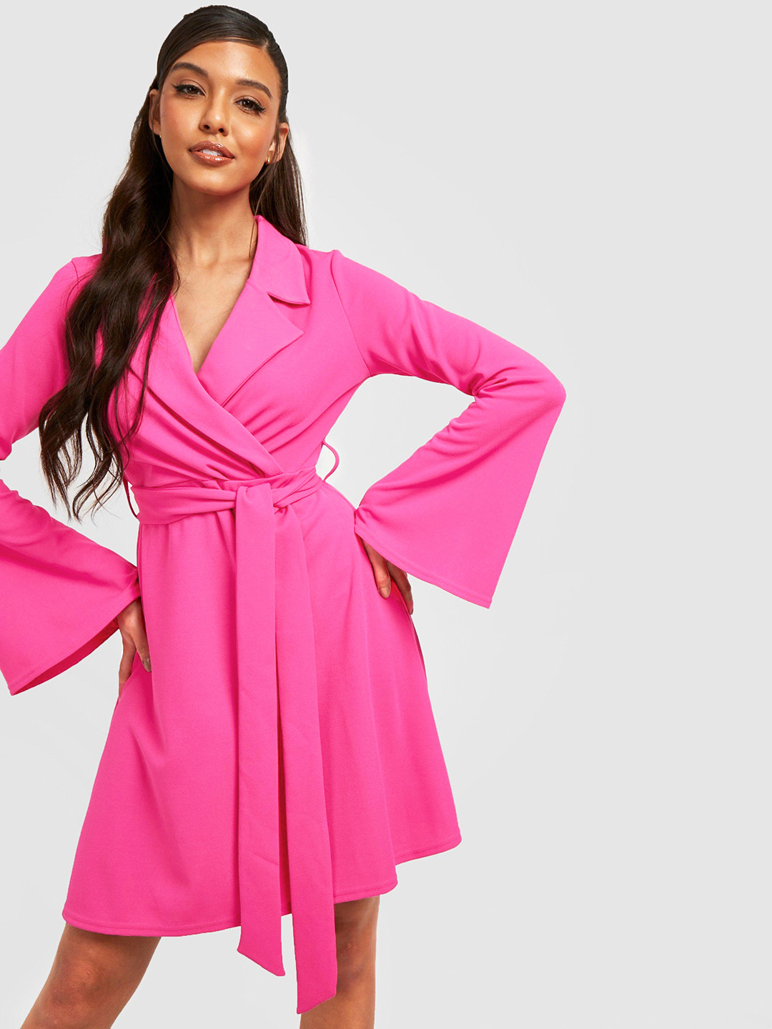 Boohoo Lapel Collar Flared Sleeves Wrap Dress
