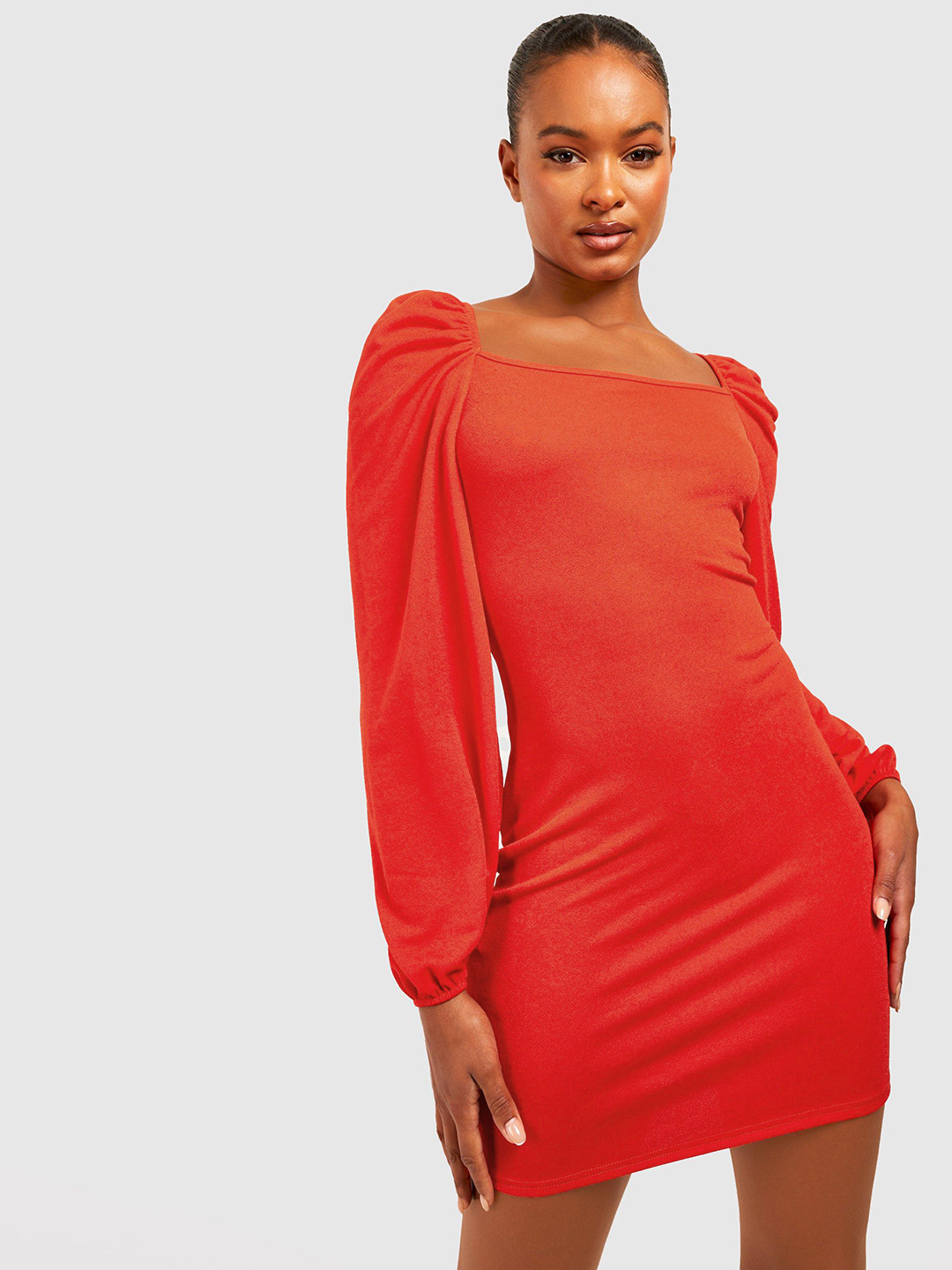 Boohoo Square Neck Puff Sleeves Bodycon Mini Dress