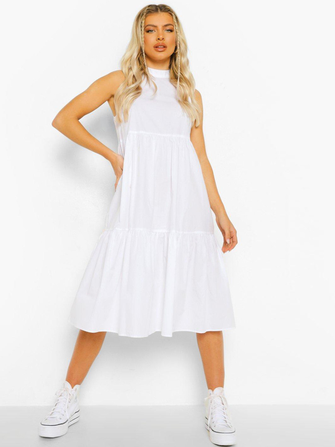 Boohoo High Neck Tiered A-Line Midi Dress