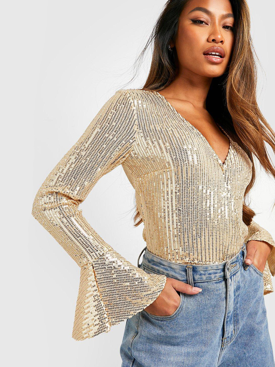 Boohoo Sequined Wrap Bodysuit