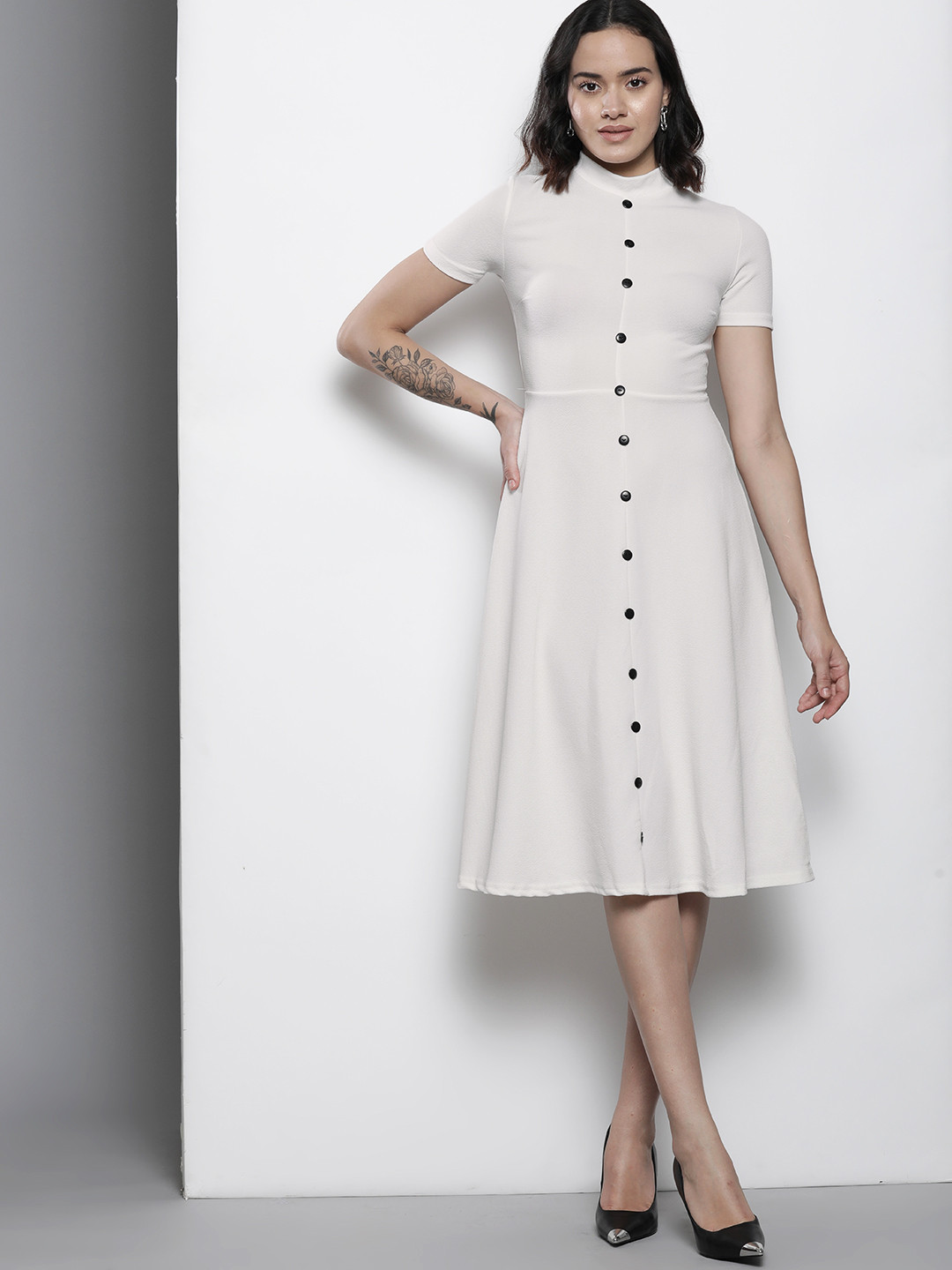 Boohoo Button Detail A-Line Textured Midi Dress
