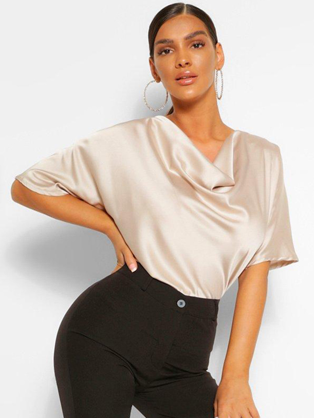 Boohoo Satin Finish Cowl Neck Extended Sleeves Top