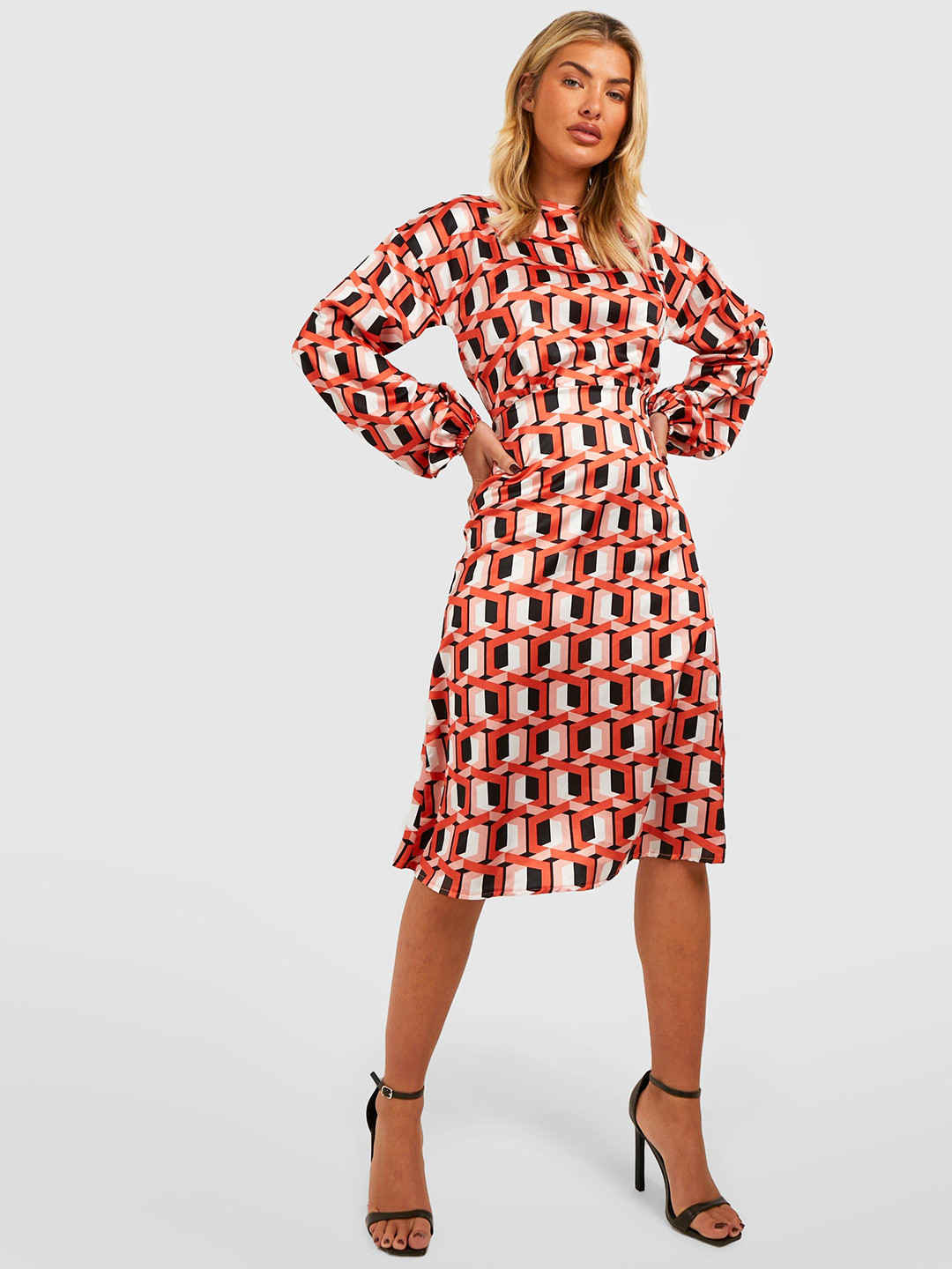 Boohoo Geometric Print Satin Finish A-Line Dress