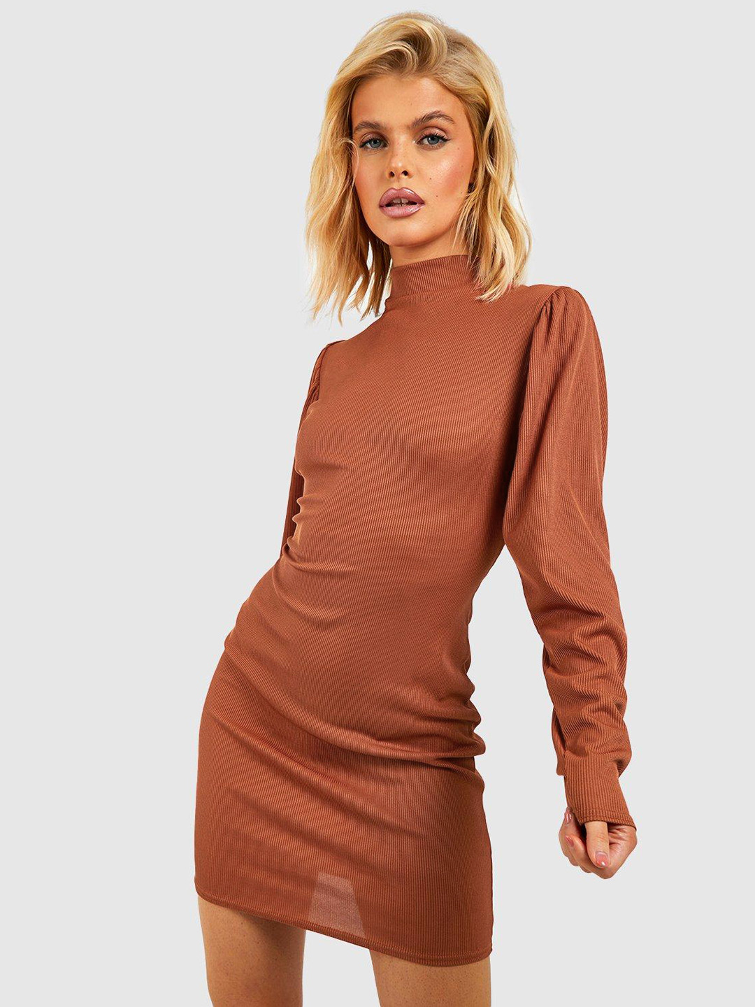 Boohoo Ribbed High Neck Sheath Mini Dress