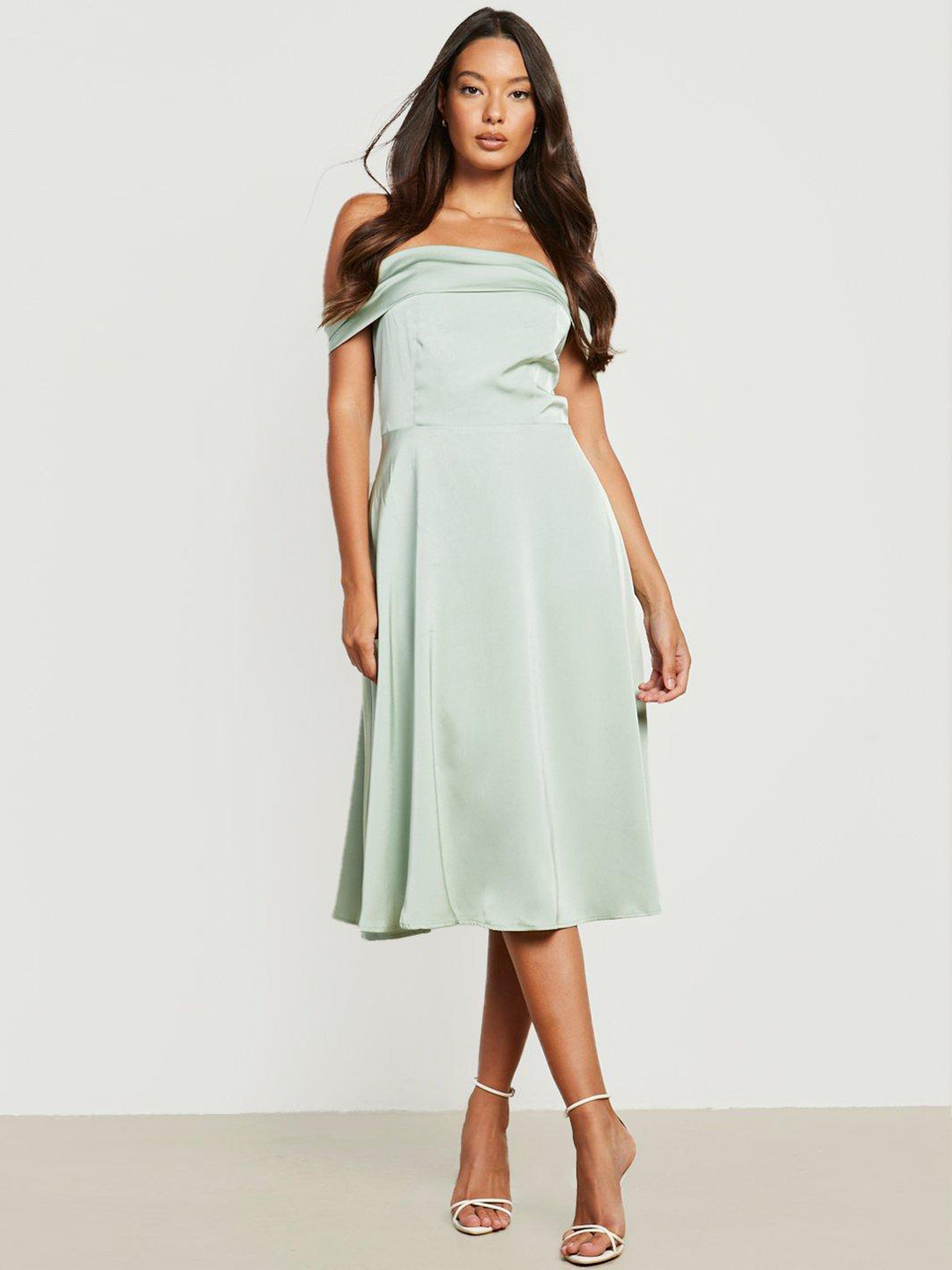 Boohoo Off-Shoulder Satin A-Line Midi Dress