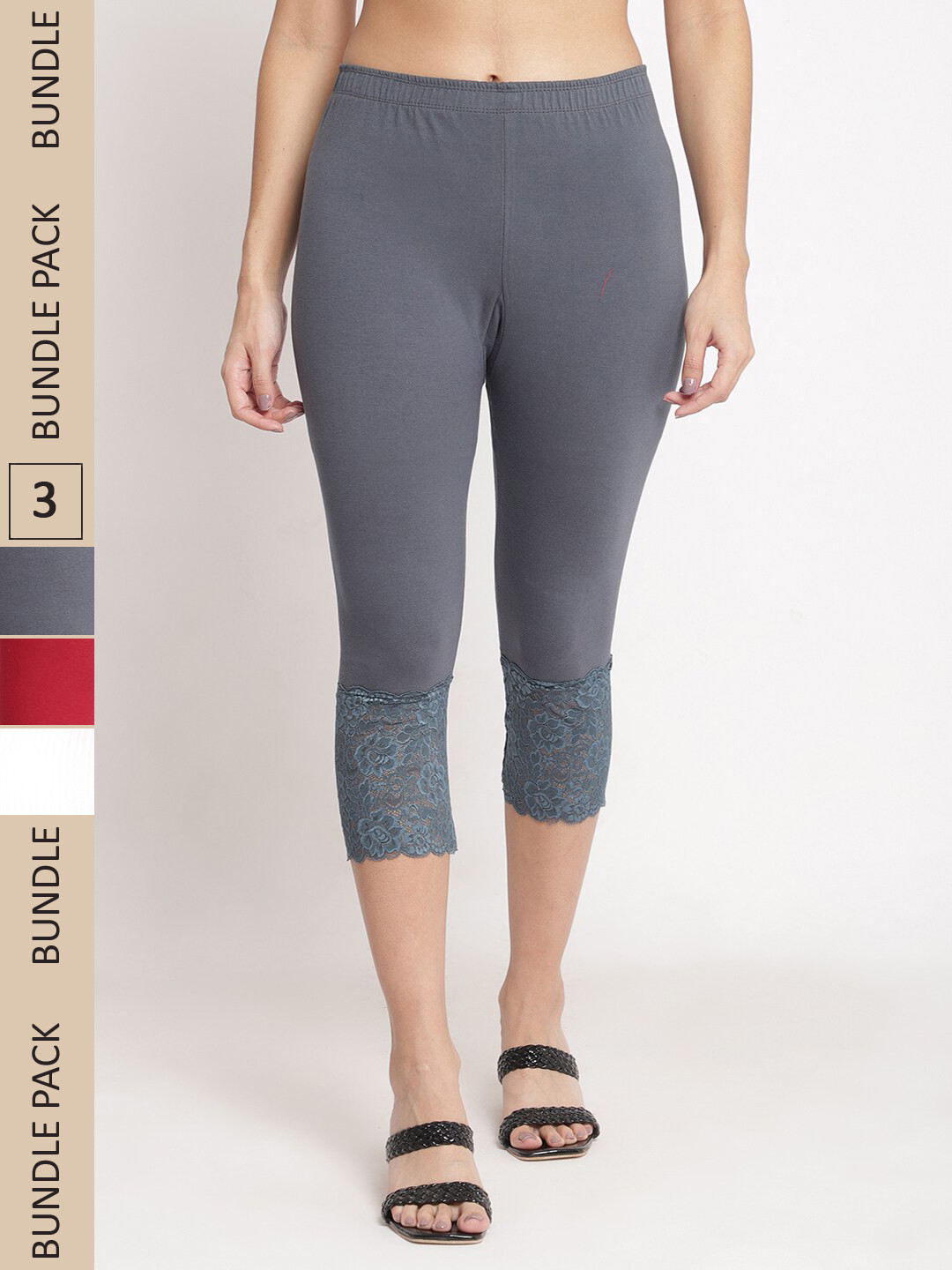 GRACIT Pack Of 3 Skinny Fit Cotton Lycra Capris With  Hem Lace