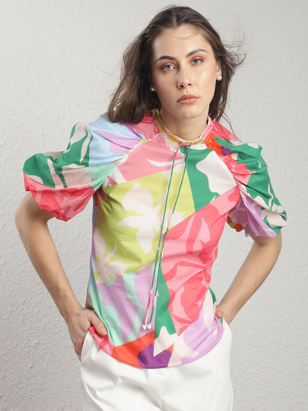 RAREISM Printed Puff Sleeves Cotton Top