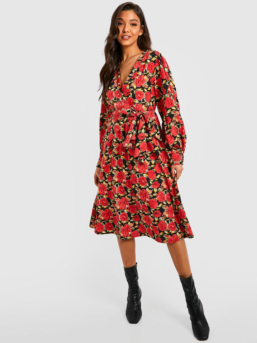 Boohoo Floral Wrap Belted Midi Dress