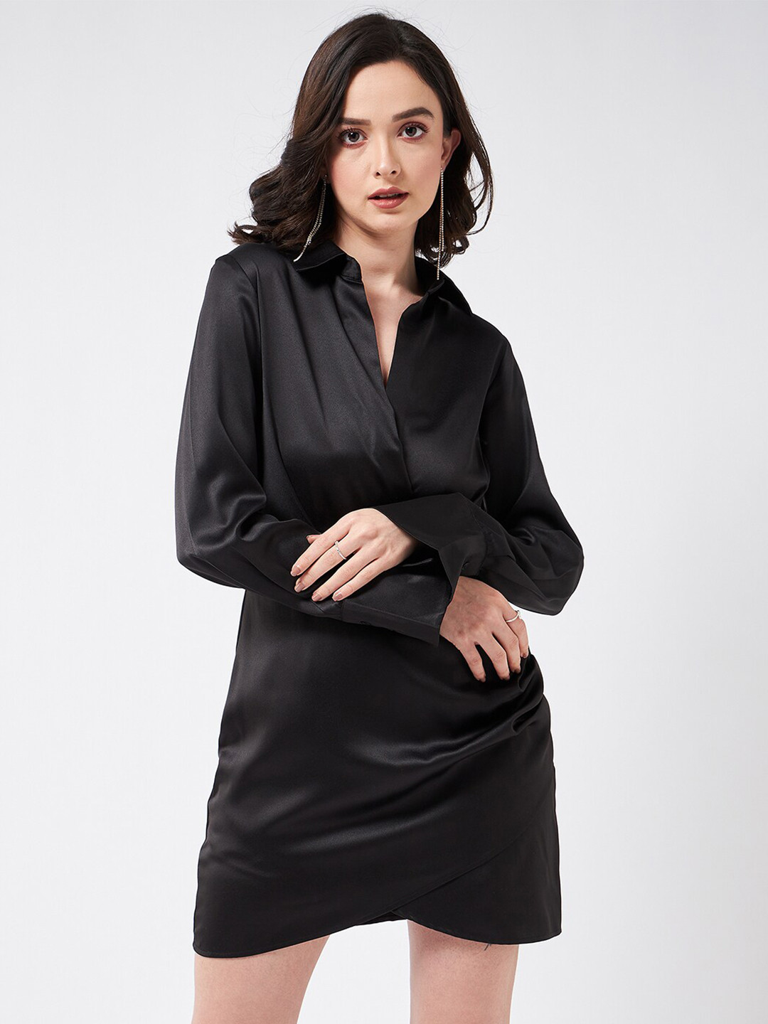 MAGRE Cuffed Sleeves Satin Mini Shirt Dress