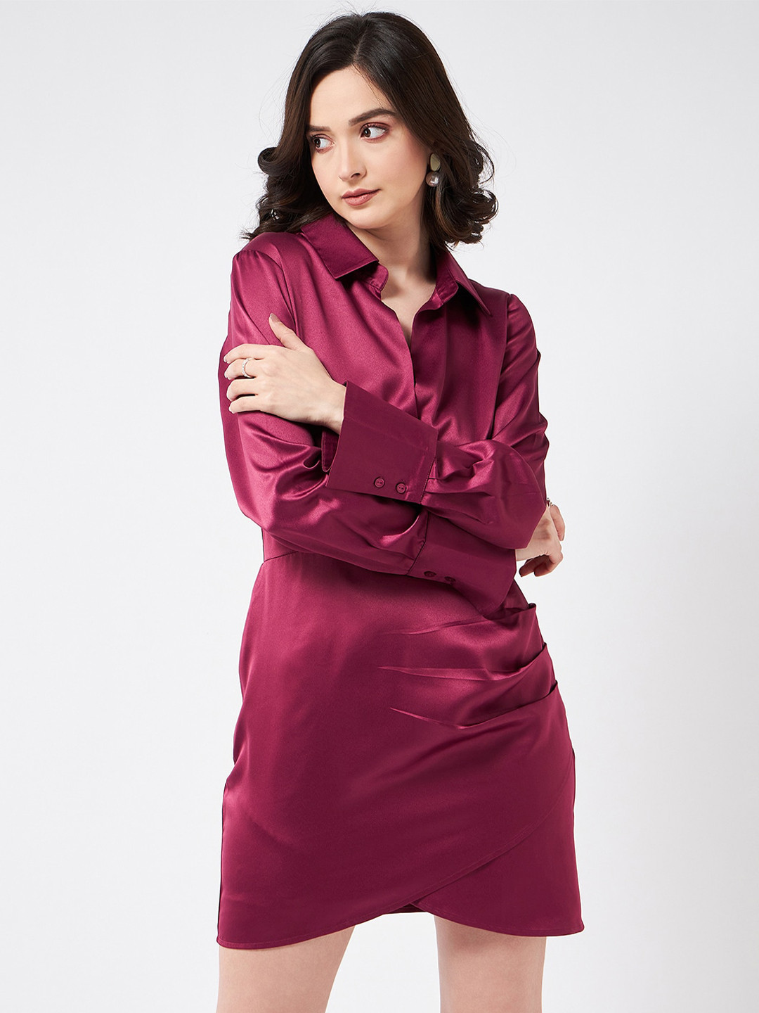 MAGRE Cuffed Sleeves Satin Mini Shirt Dress
