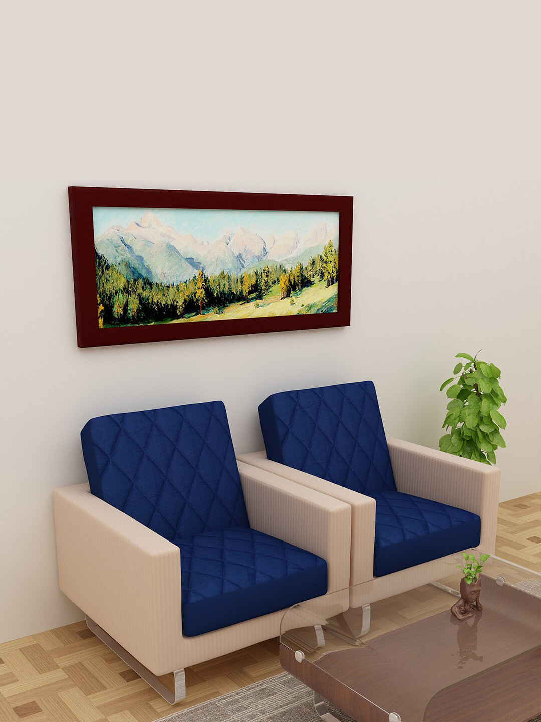 DREAM CARE Navy Blue Patterned Waterproof & Stretchable Quilted Cotton 2-Seater Sofa Covers