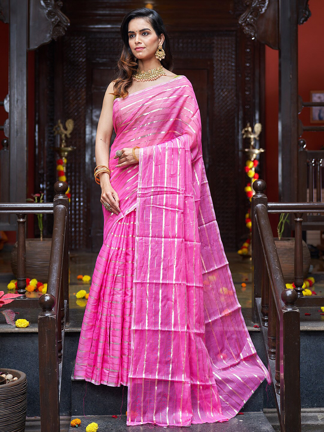 KARAGIRI Sheer Zari Striped Saree