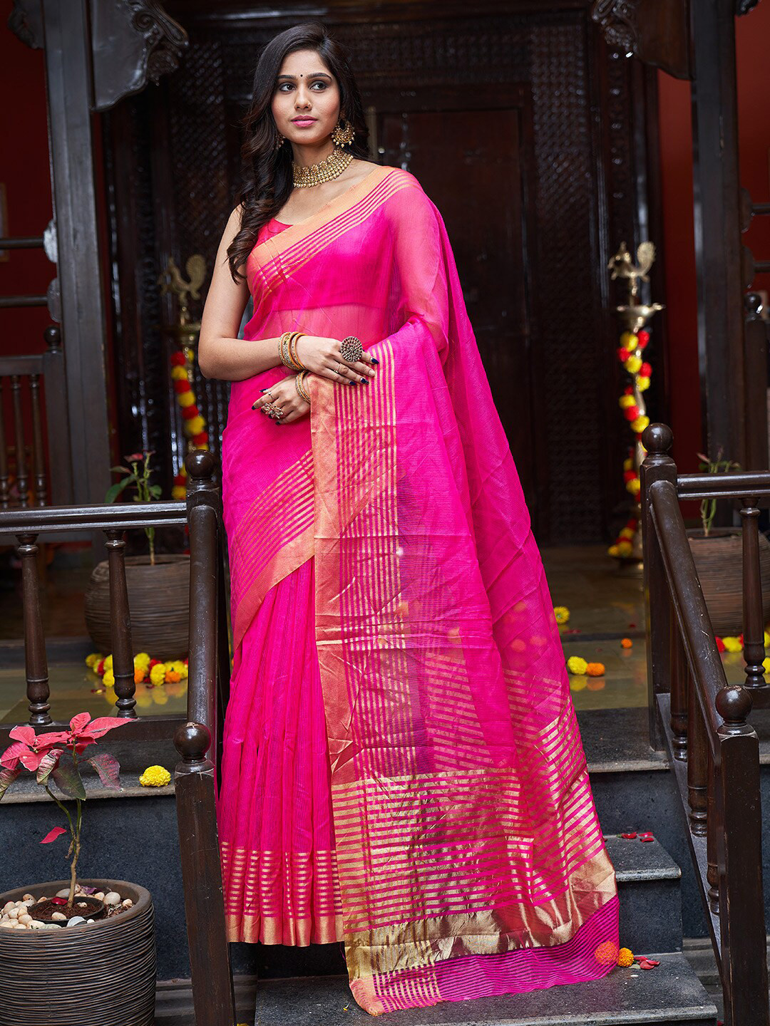 KARAGIRI Silk Blend Saree With Striped Zari Border