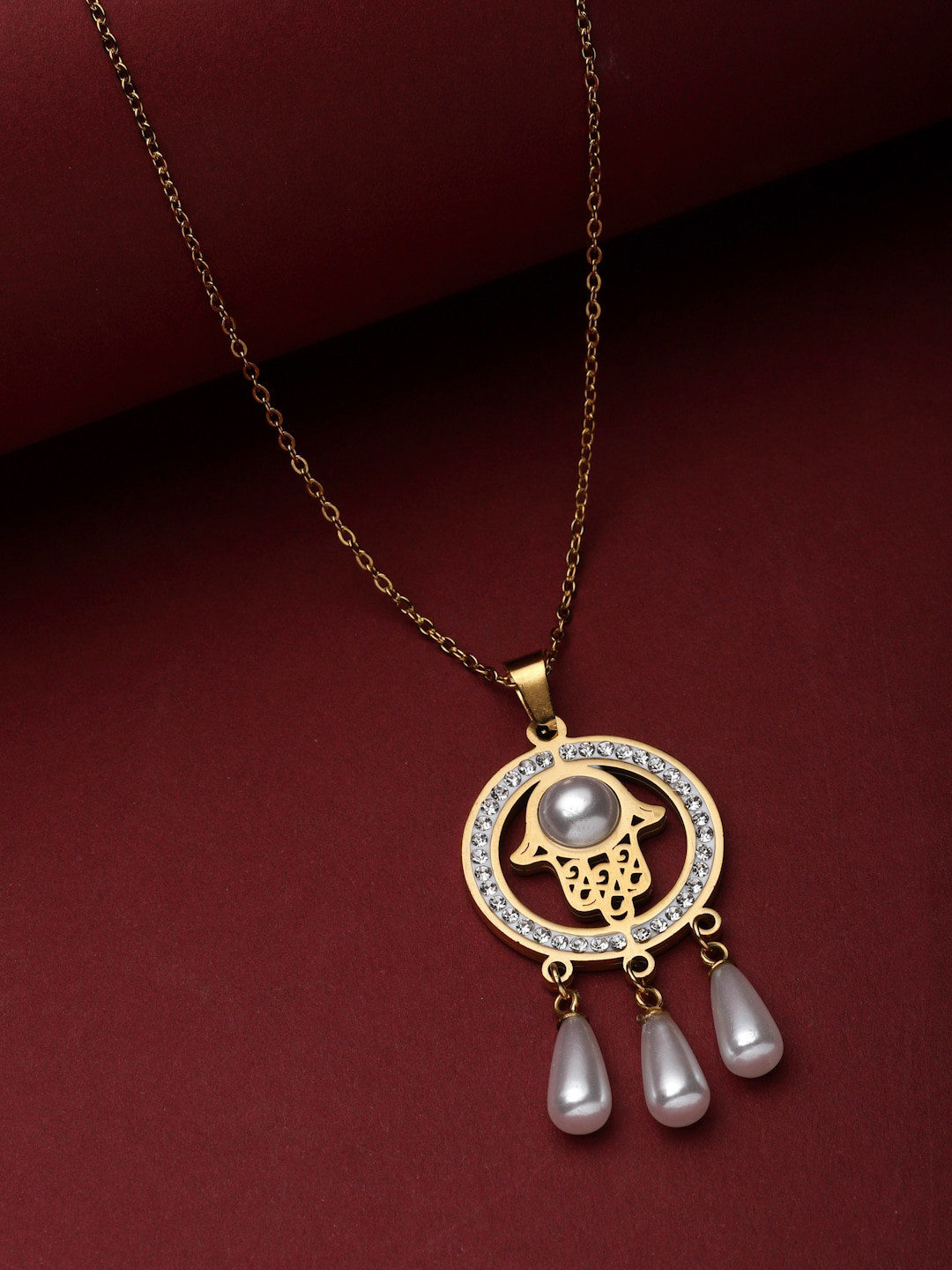 VOGUE PANASH Gold-Plated Solitaire CZ Studded & Pearl Circular Pendant