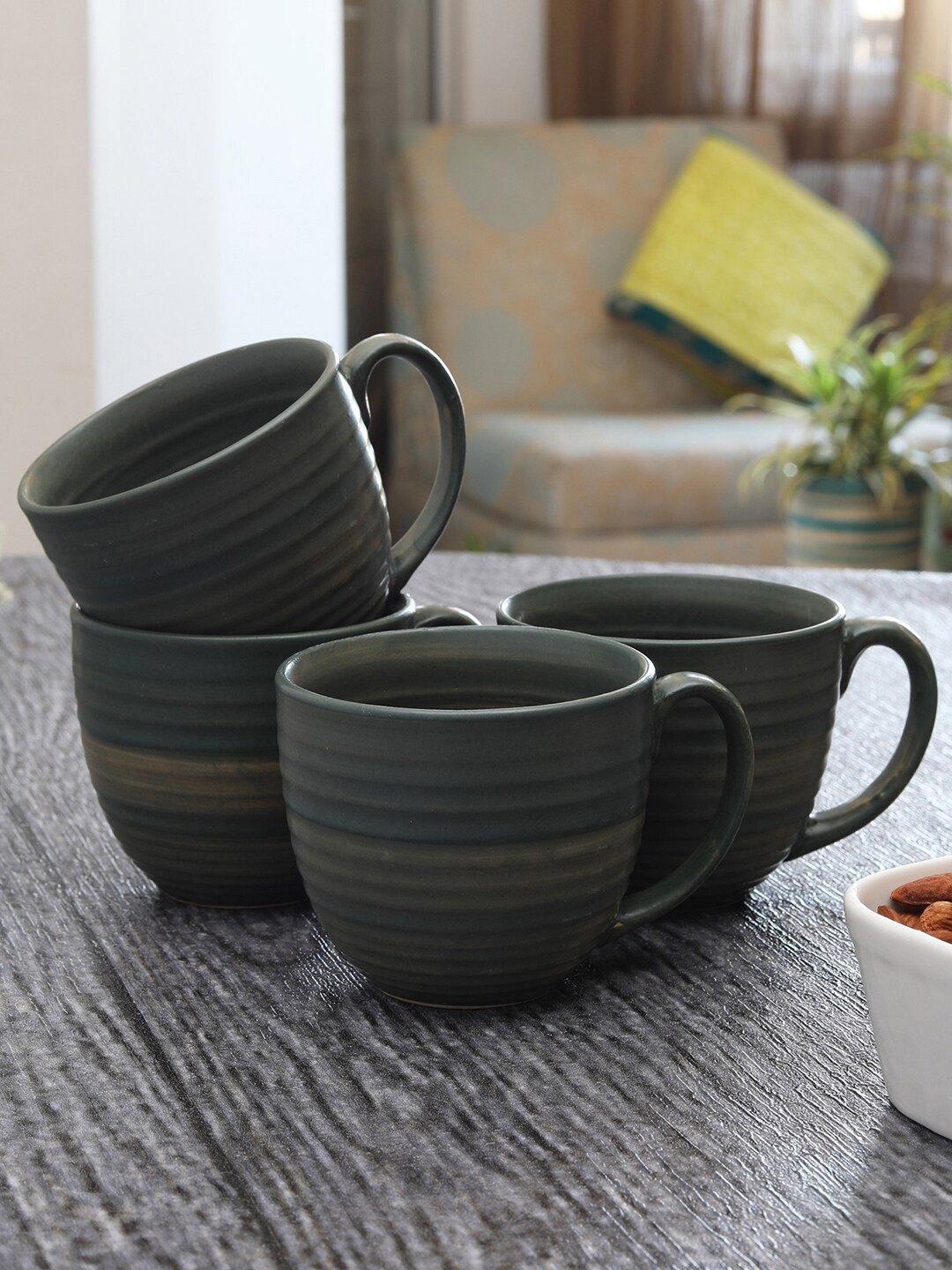 MIAH Decor Rakshabandhan Gift Green Striped Stoneware Microwave Safe 4 Piece Mugs-300ml