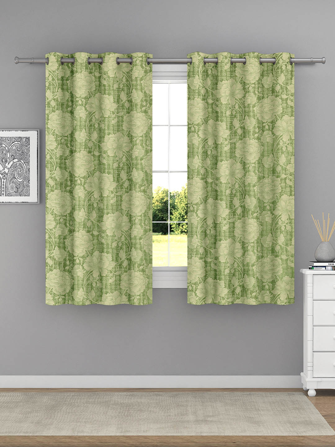 Raymond Home Green 2 Pcs Floral Window Curtains
