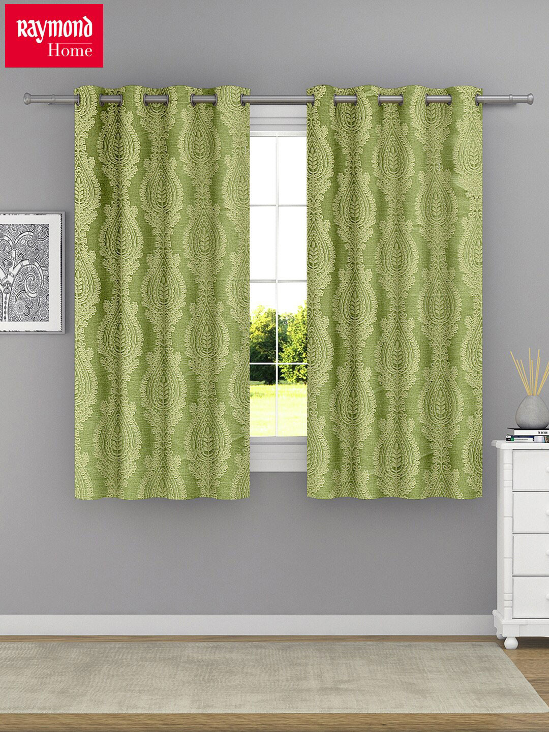 Raymond Home Green & Silver-Toned 2 Pcs Window Curtains