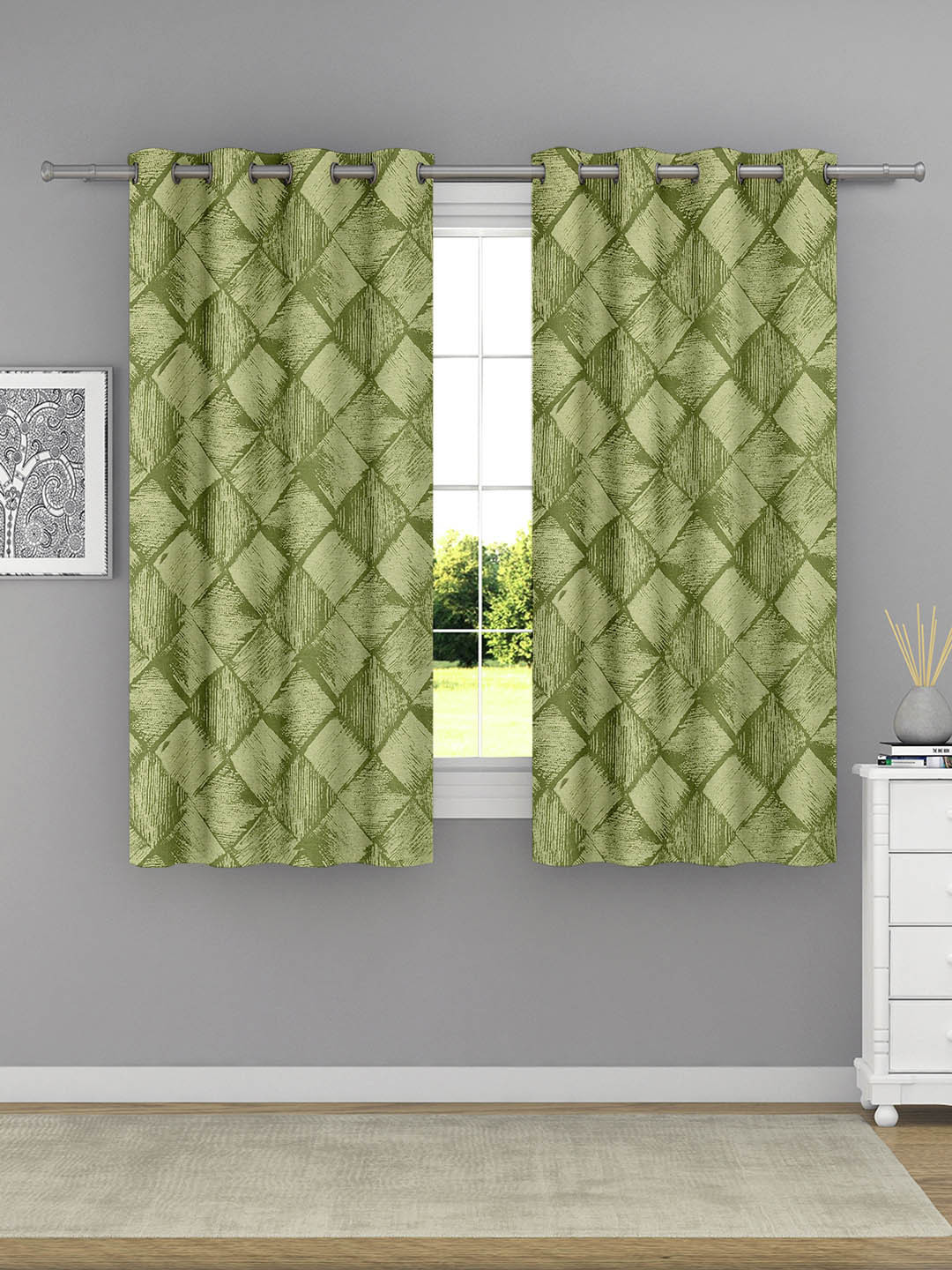 Raymond Home Green 2 Pieces Geometric Printed Window Curtains