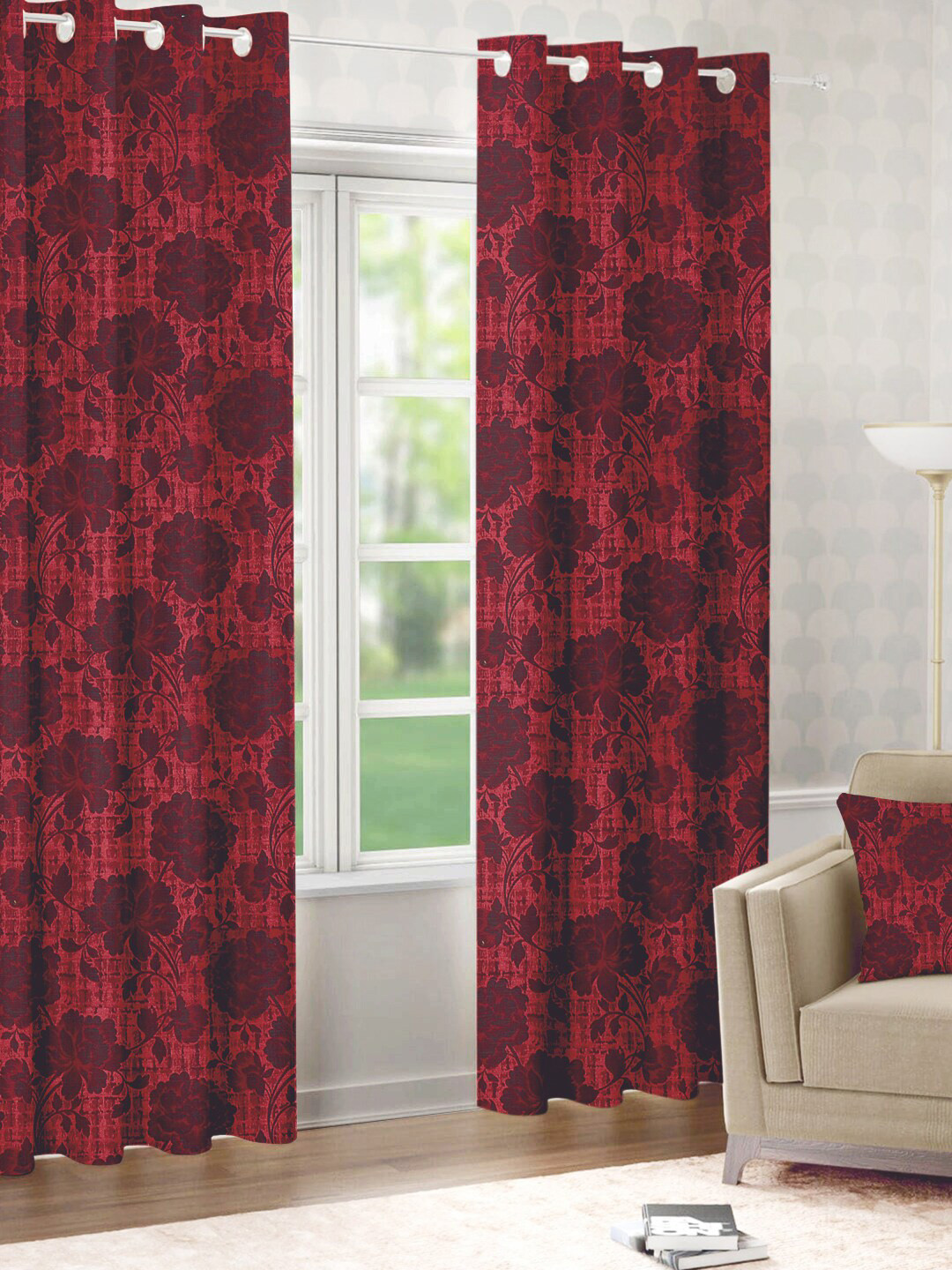 Raymond Home Maroon 2 Pcs Floral Woven Design Door Curtains
