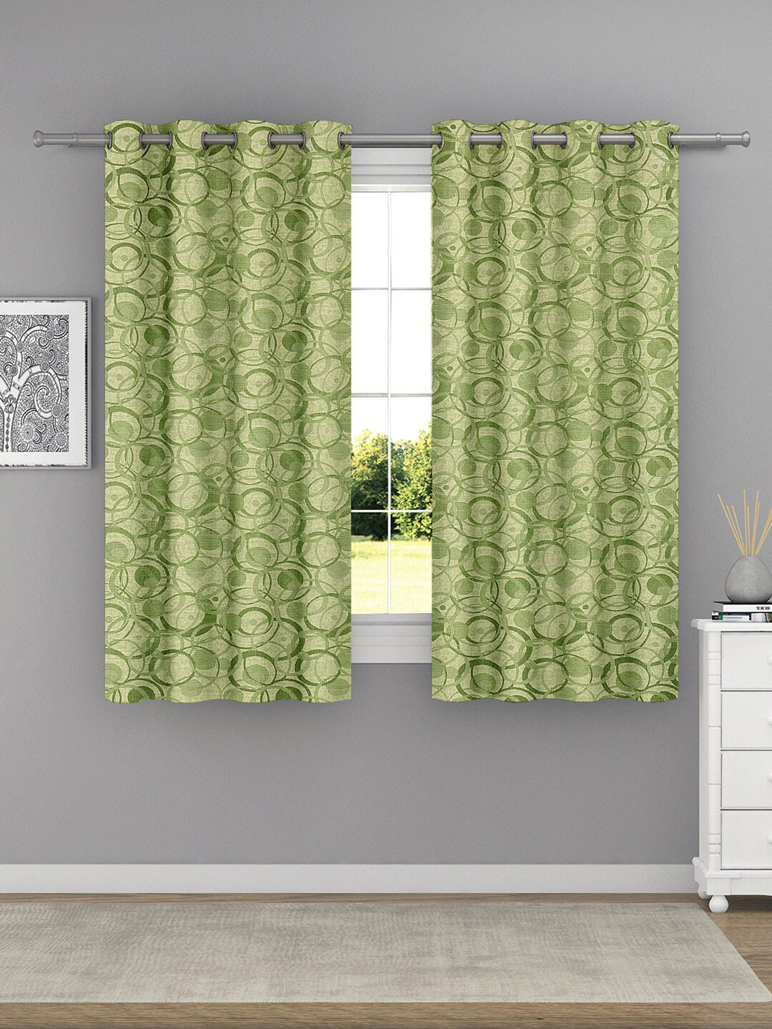 Raymond Home Green 2 Pcs Geometric Woven Design Window Curtains