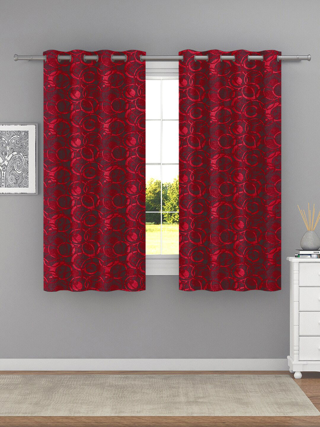 Raymond Home Maroon 2 Pcs Geometric Woven Design Window Curtains