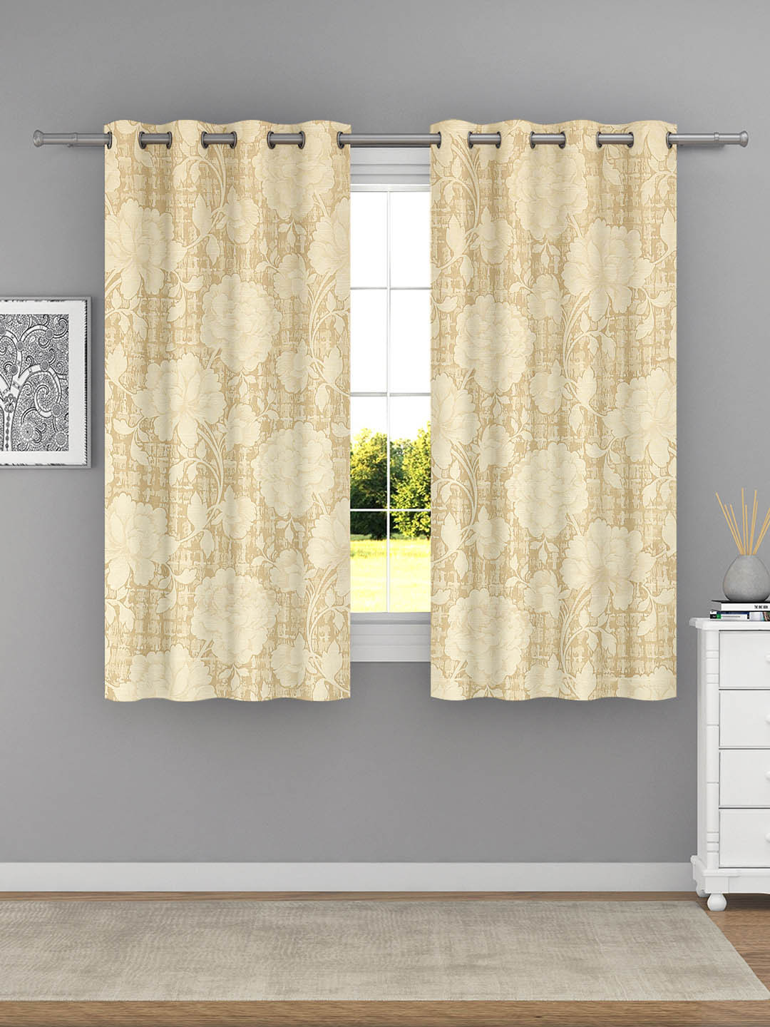 Raymond Home Cream 2 Pieces Floral Printed Window Curtains