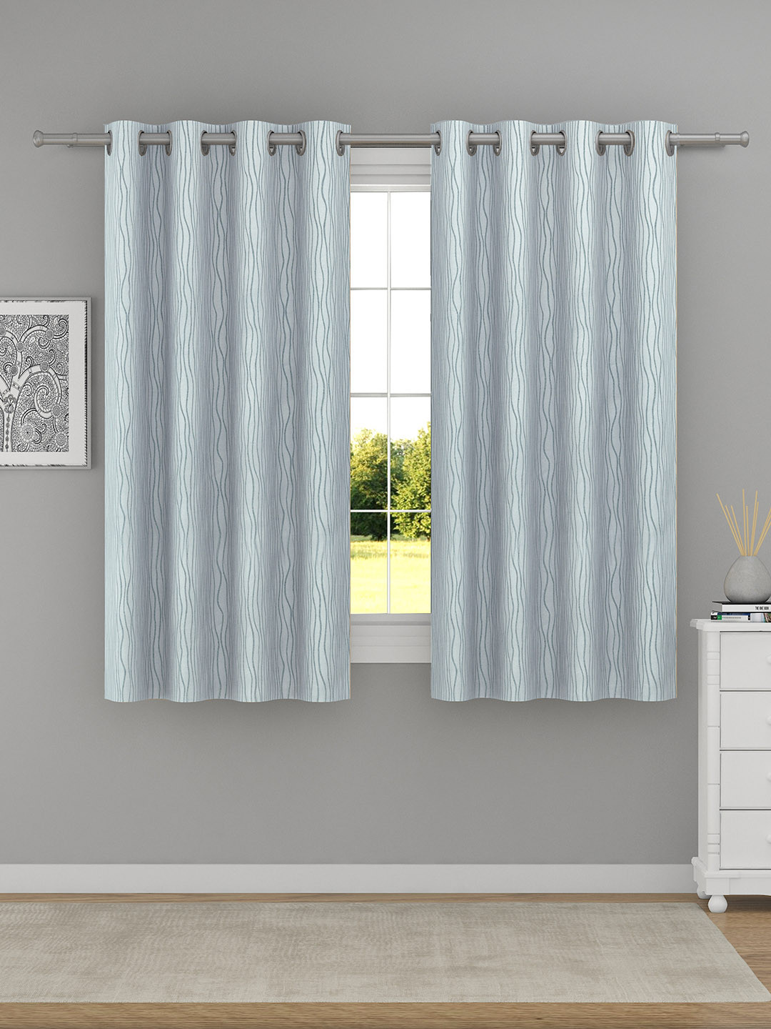 Raymond Home Grey 2 Pcs Striped Woven Design Window Curtains
