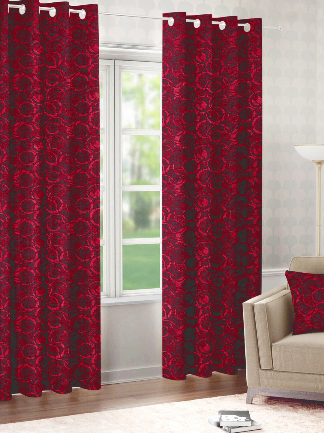 Raymond Home Maroon 2 Pcs Geometric Woven Design Door Curtains