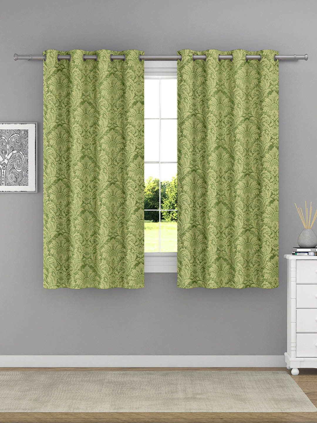 Raymond Home Green 2 Pcs Ethnic Motifs Woven Design Window Curtains