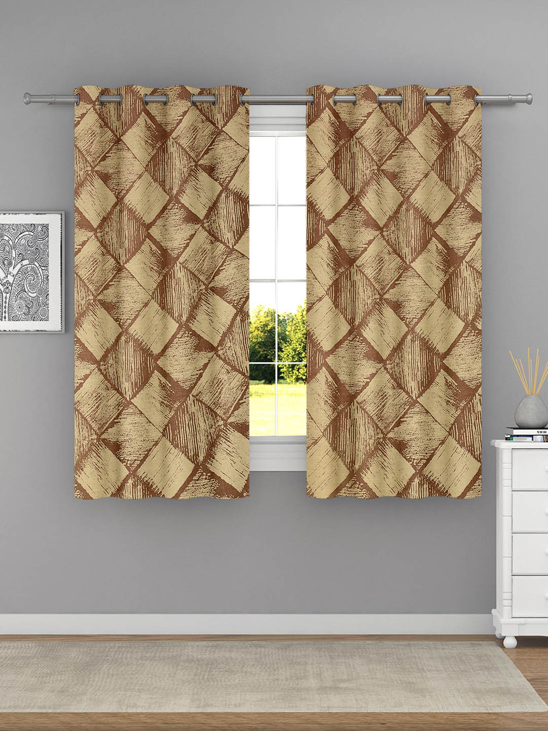 Raymond Home Brown & Beige 2 Pcs Geometric Woven Design Window Curtains