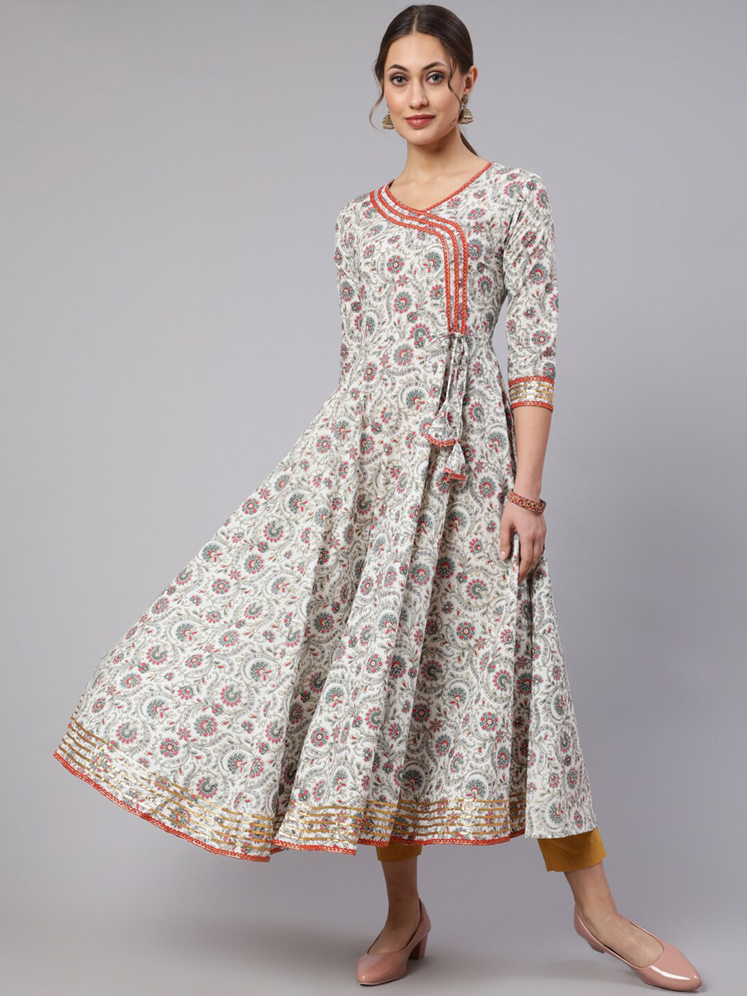 WOMENCLICK Floral Printed Angrakha Style Cotton Anarkali Kurta