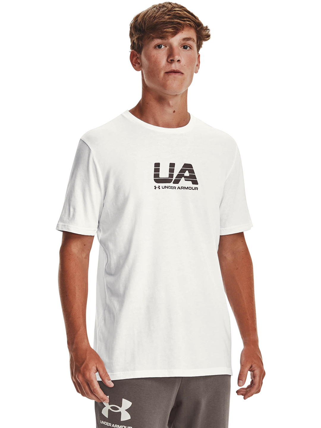 UNDER ARMOUR Men White & Olive Green Brand Logo Printed Loose T-shirt
